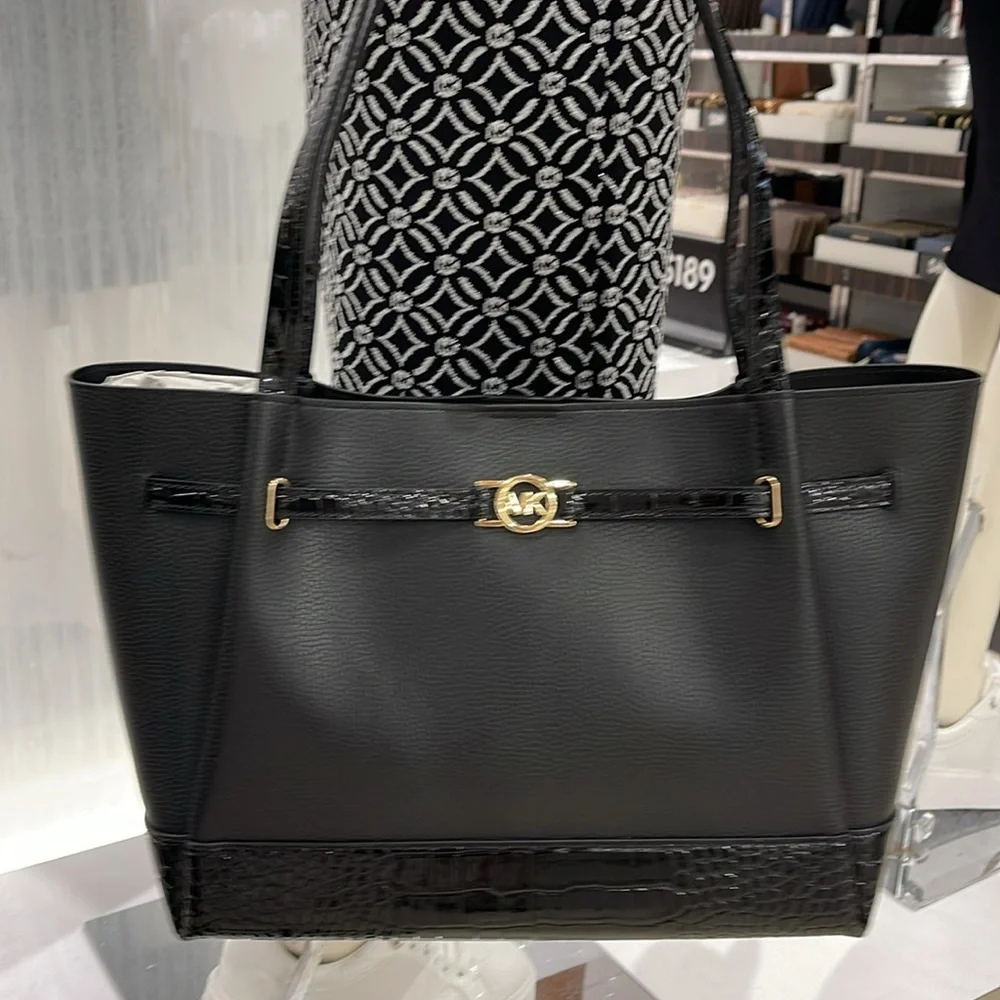 MICHAEL KORS Reed Lg Lthr Belted Satchel Shoulder Handbag  Black Crocodile  NWT